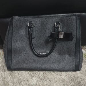 GUESS Burnley Black and Gray Satchel with Bow Detail